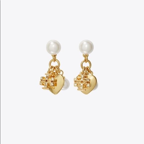 NWOT Tory Burch Kira Gold, Logo, Pearl Charm Dangle Earring’s - Picture 4 of 5